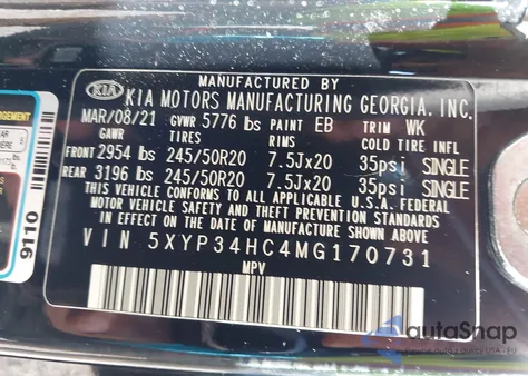 2021 Kia Telluride Ex z USA, uszkodzony, nr VIN 5XYP34HC4MG170731